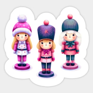 Offset Colorful Trio of Christmas Nutcracker Dolls - Pink and Purple Sticker